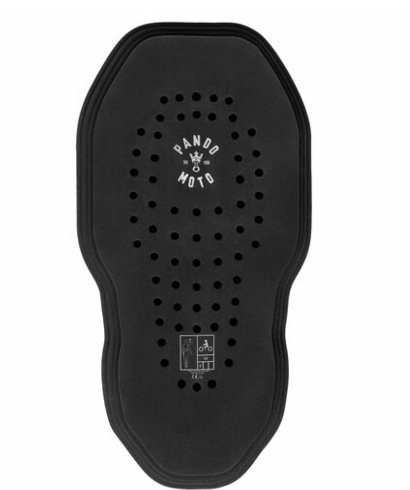 A black Pando Moto Quatroflex back protector with a pattern of holes for airflow and the brand logo at the top.