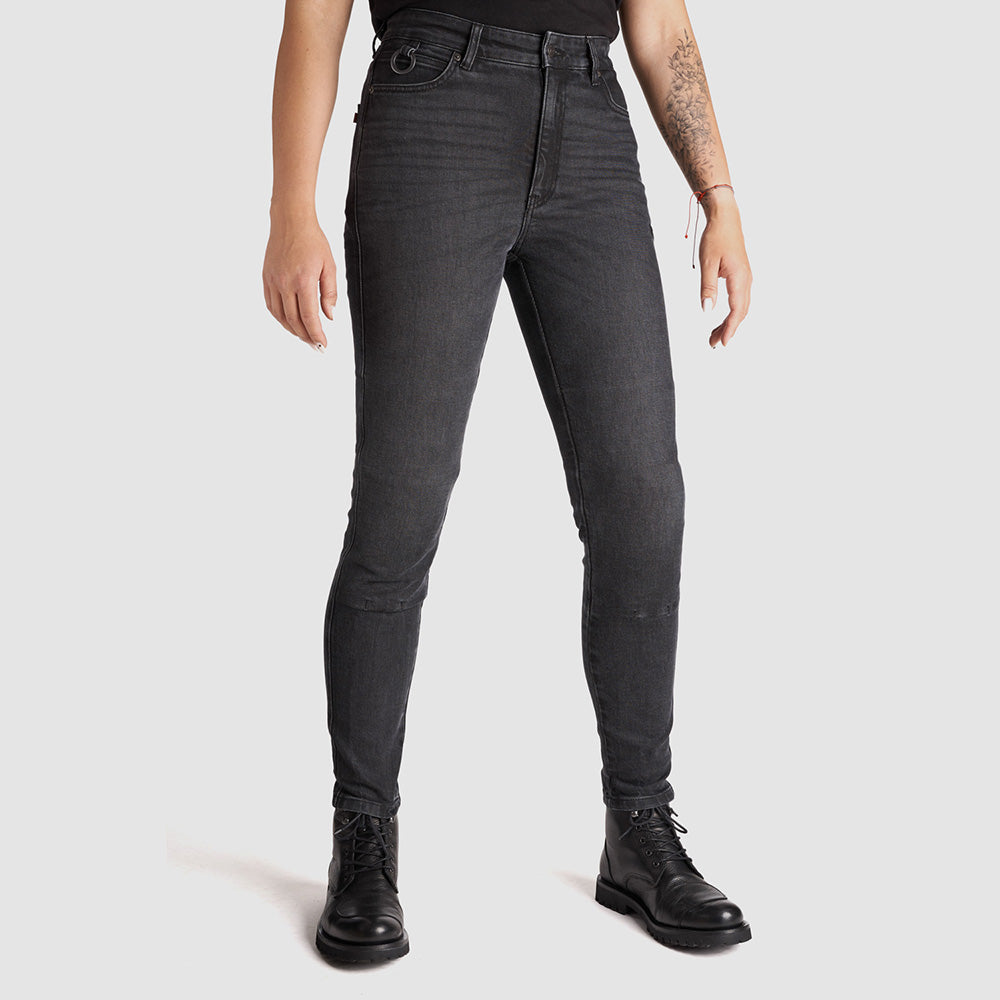 PANDO MOTO Kaya Slim Grey women’s motorcycle jeans – high-waist, abrasion-resistant denim with CE-certified armour.